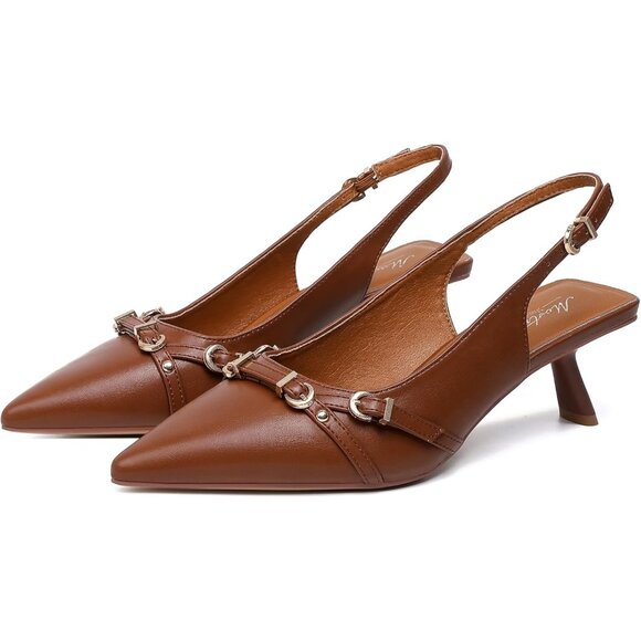 Mostrin Kitten Heel  Brown(03) Faux Leather Low Slingback Heel with Buckle - Picture 8 of 9